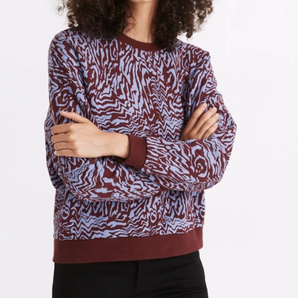 Madewell Sweatshirt Womens XL Tigerized Print Burgundy Blue Animal Pullover Crew